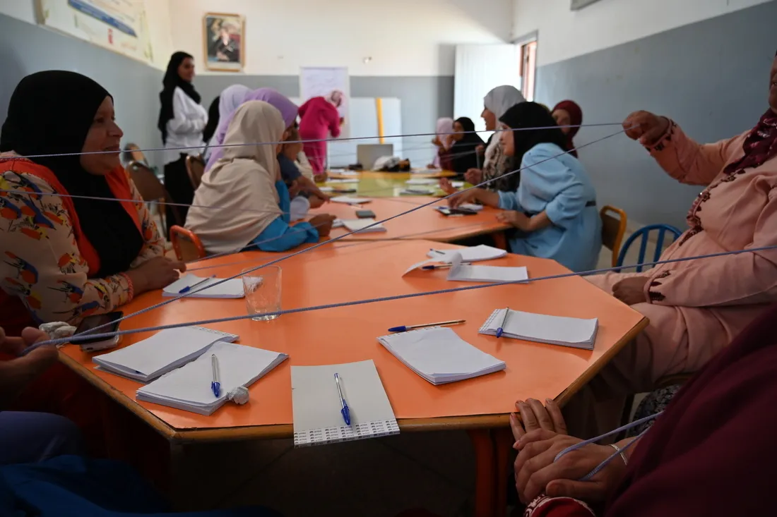 group of women use strings to practice mental health stress