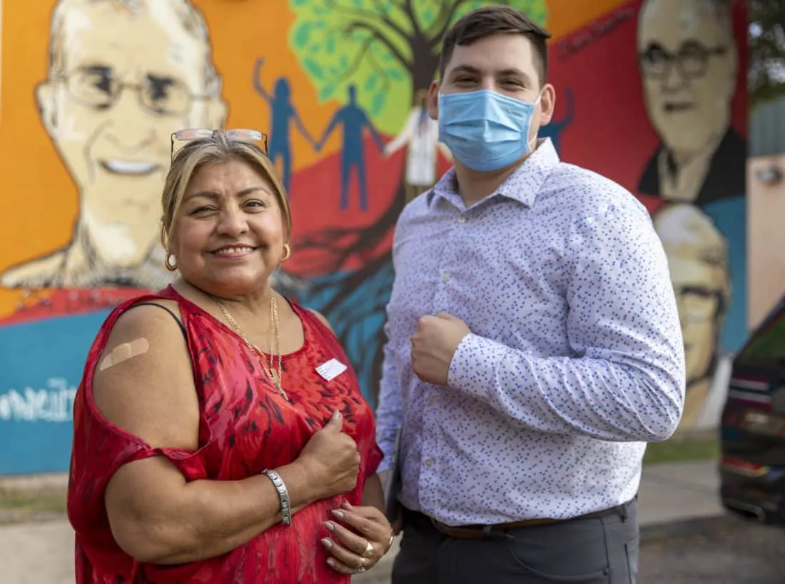 Esteban and Julia outside Hope Family Health Center in McAllen