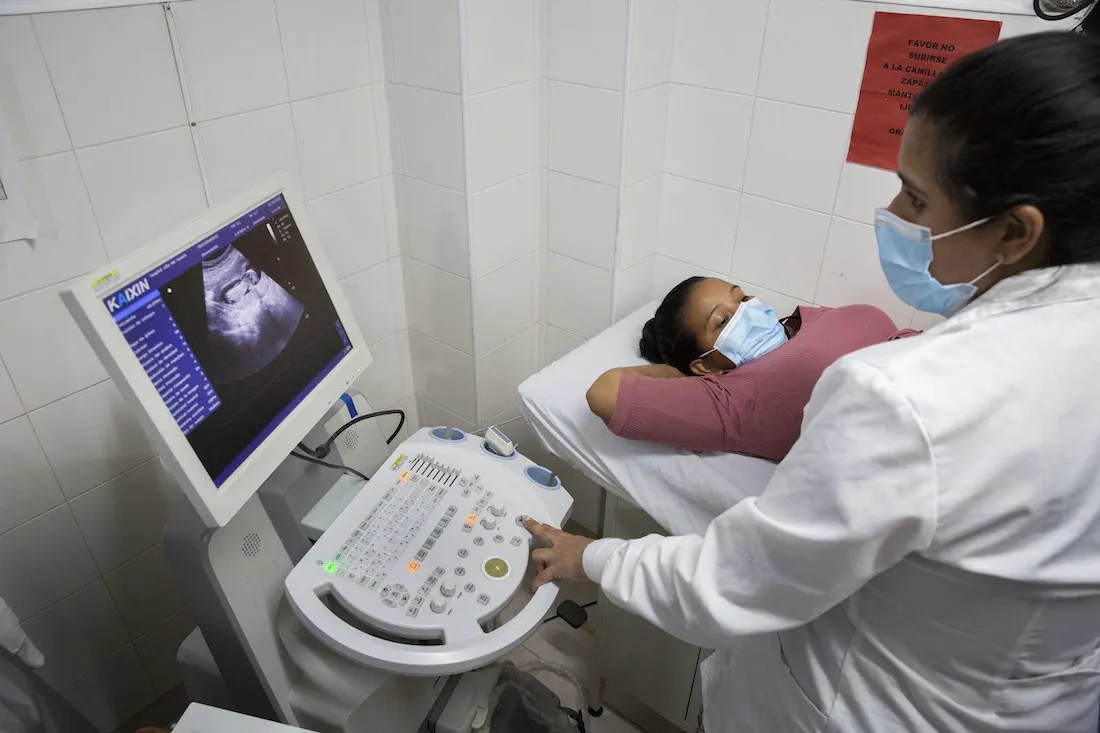 doctor checks baby in mother during ultrasound